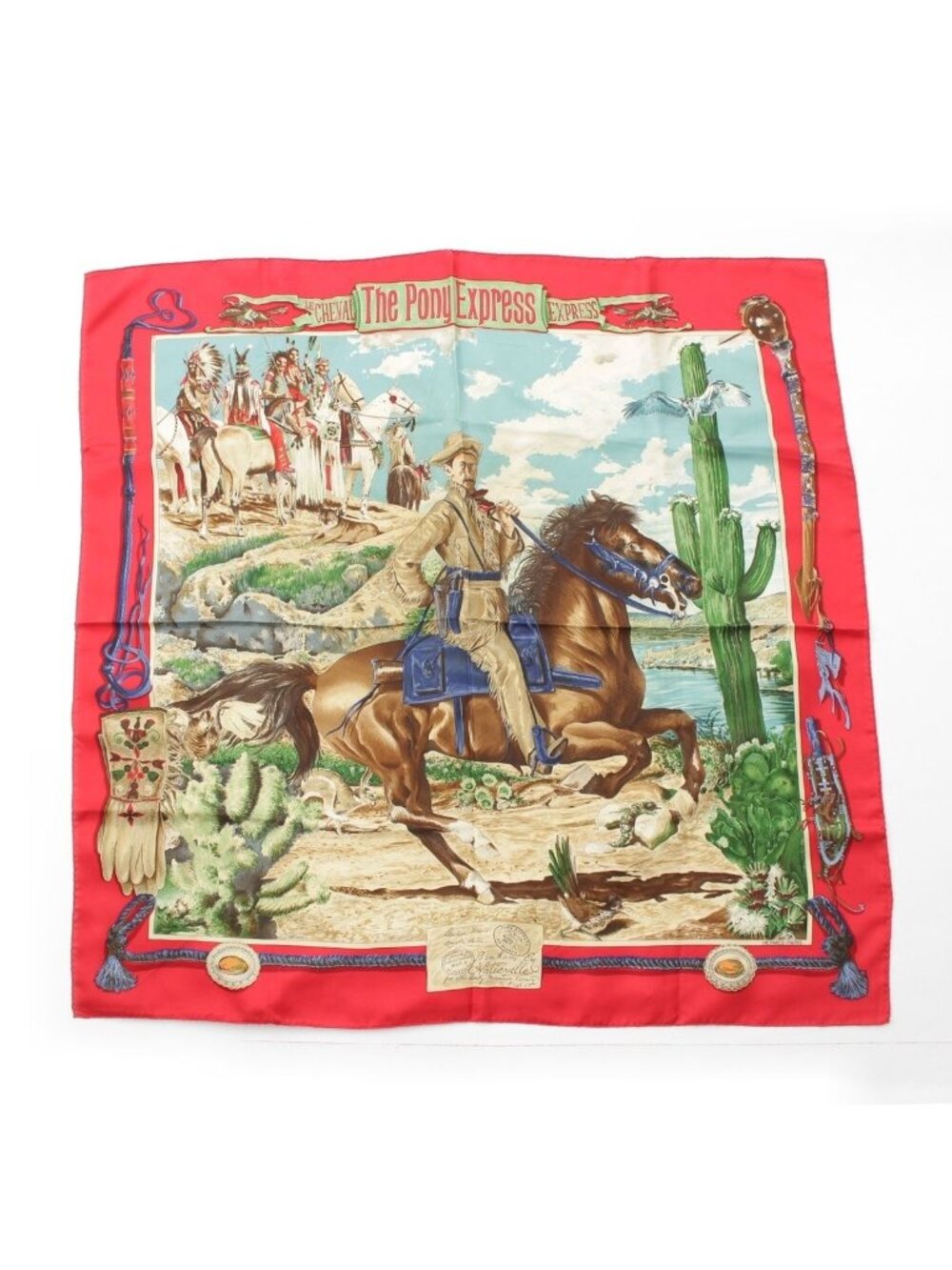 Hermes Carre 90 the Pony Express Postal Company Silk Scarf Red Multicolor